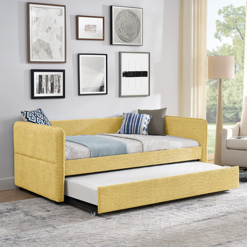 Daybed With Twin Size Pop-up Trundle, Upholstered Tufted Sofa Bed, Soft Boucle Fabric, Yellow (83"x43"x29.5"), Yellow