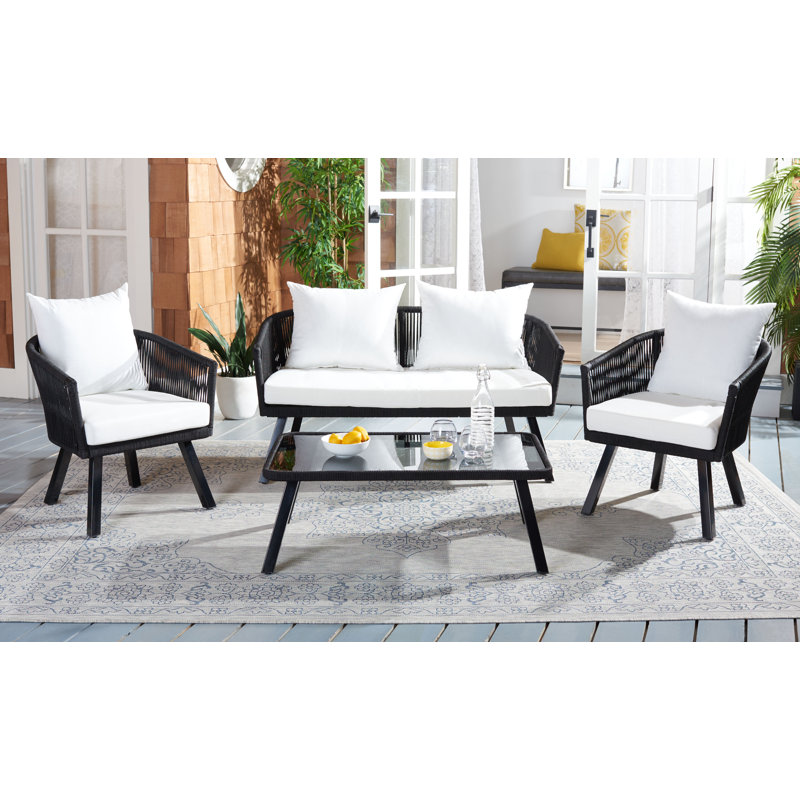 Oropeza 4 - Person Patio Conversation Set with Cushions, Black Frame/Beige Cushion