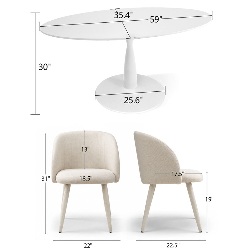 59" Oval Kitchen & Dining Table Set For 4 With Upholstered Arm Chairs And Pedestal Base, Beige