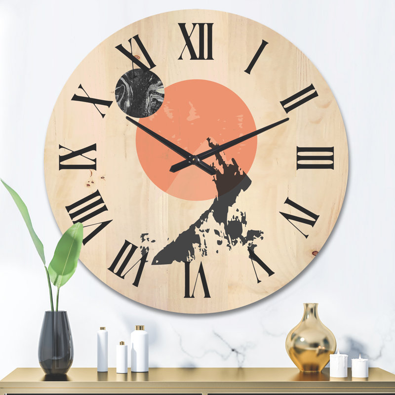 Horloge murale en bois Minimalist Mountain Sun and Moon, Très grand