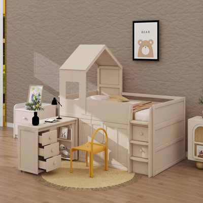 Lit mezzanine simple pour enfants avec bureau et armoire, lit mezzanine en bois avec toit, tiroirs et tablettes de rangement pour enfants et adolescents