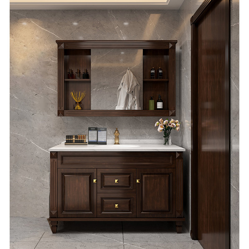 Meuble-lavabo en bois d'hévéa de style américain avec comptoir en marbre et lavabo en céramique intégré American Country