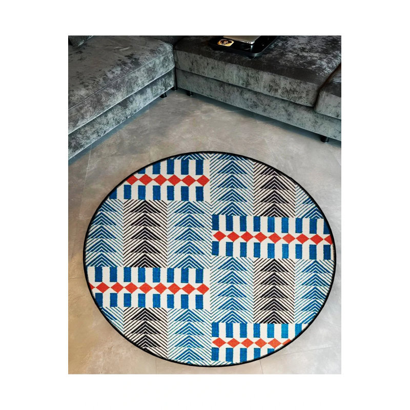Blue Red Shapes Woven Base Modern Decorative Carpet, Round 5'