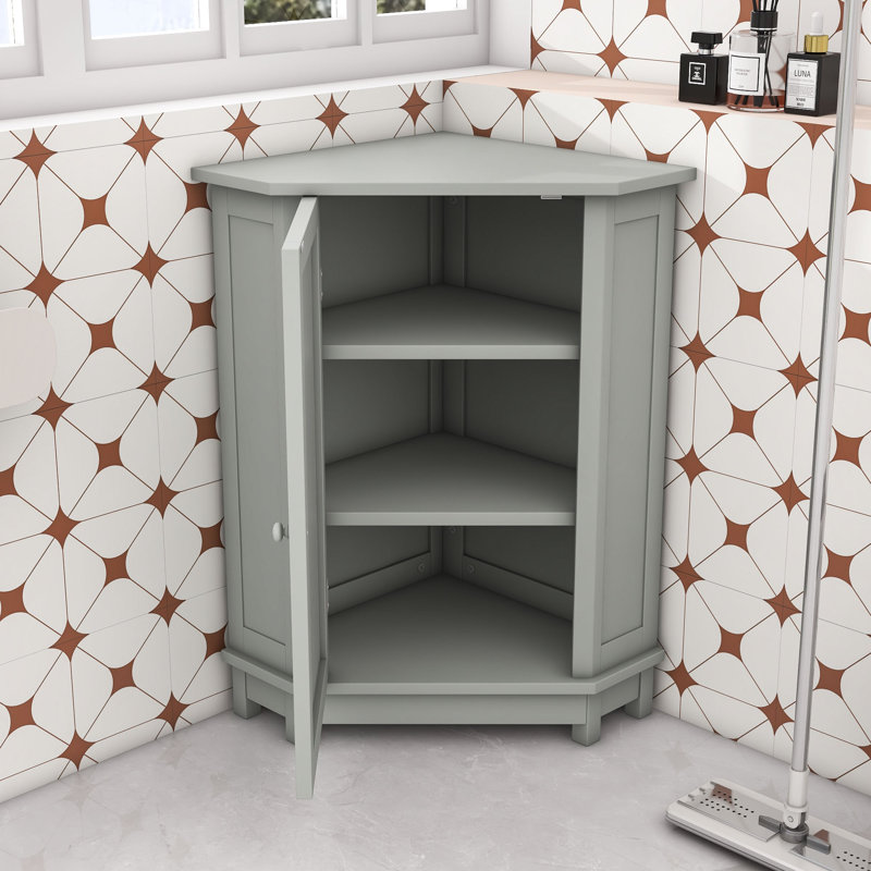 Armoire de rangement de coin de salle de bain en bois avec tablettes réglables, Gris