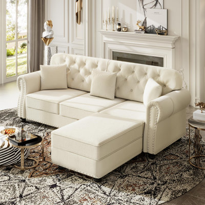 82.6" Velvet Upholstered Chesterfield Sofa Rolled-Arm Tufted Sofa Couch with Ottoman and 3 Pillows