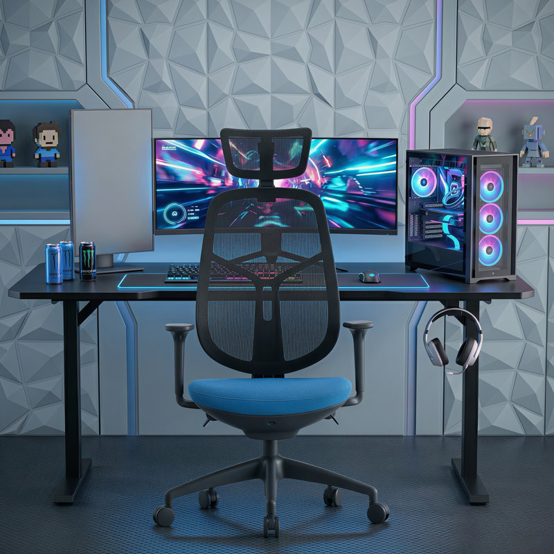 Ergonomic Office Chair with 2D Headrest & Mesh Back, High Back Computer Chair with Adjustable Armrest & Backrest & Height, Comfy Task Chair with Thickened Cushion