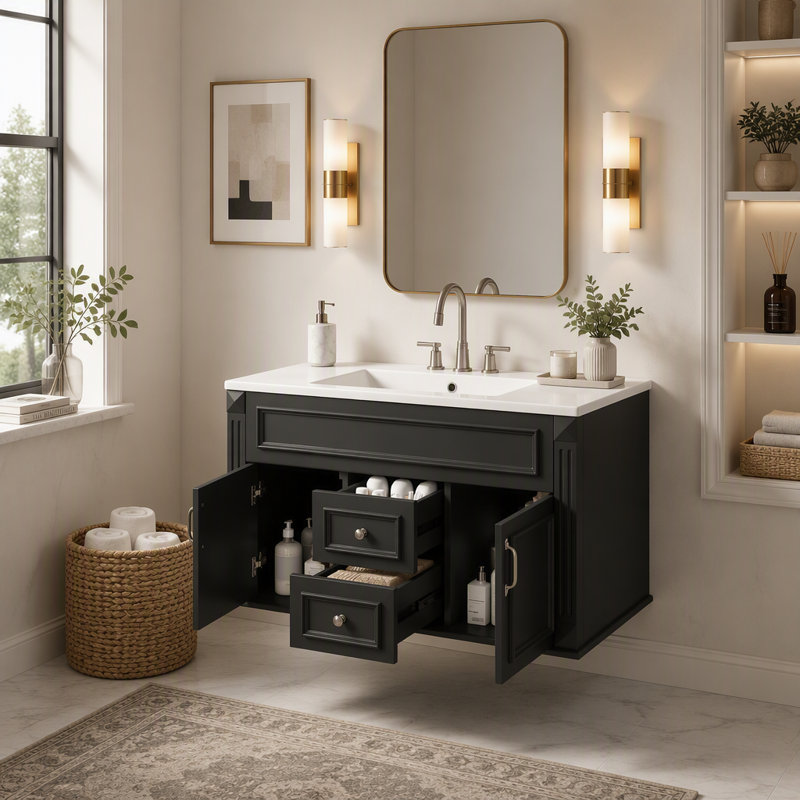 Meuble-lavabo mural 36 po avec lavabo et tiroirs en céramique, meuble-lavabo simple de style français avec charnières à fermeture douce