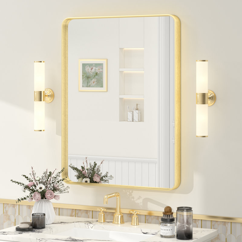 Molly Tempered Glass and Metal Framed French Cleat Mounted Wall Bathroom / Vanity Mirror, 32" x 24", Gold