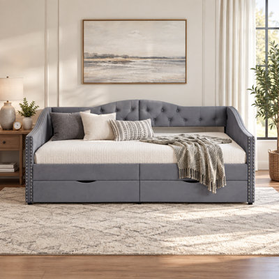 Altuna Full Size Upholstered Daybed with Storage Drawers & USB Ports, Wingback Headboard, Button-Tufted