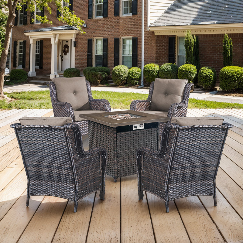 Bonia Outdoor 5-Pieces PE Wicker Patio Chair Set with Fire pit and Cushions, Brown, Gray