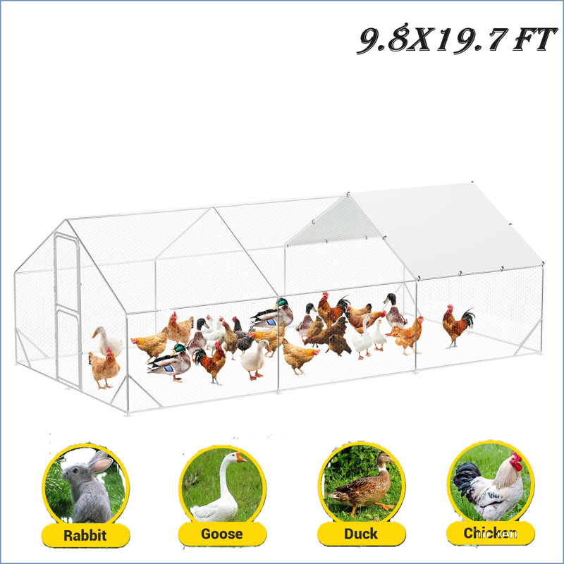 Large Metal Chicken Coop, Walk-in Poultry Cage, Spire-shaped Chicken Run Pen Dog Kennel Duck House With Waterproof And Anti-uv Cover For Outdoor Farm Use, 9.8' W X 6.5' H