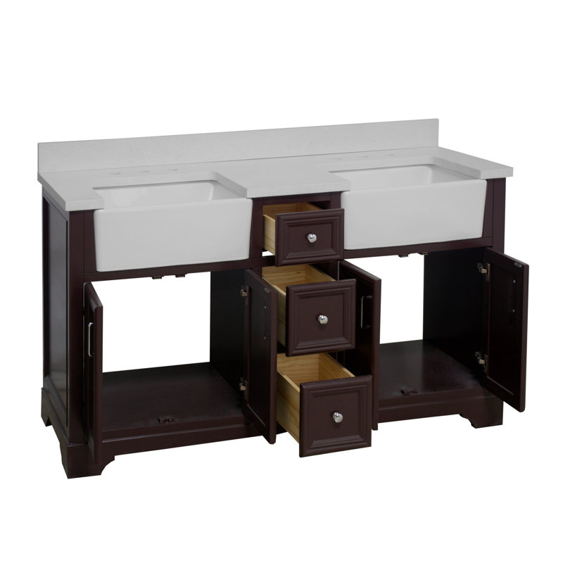 Ensemble de meuble-lavabo double 60 po Emiliano, Chocolat, Quartz