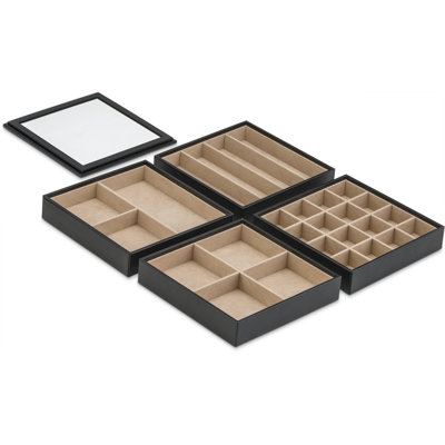 Jewelry Organizer Tray - 4 Stackable Trays & Lid With Mirror - 27 Slot Storage For Drawer, Dresser - Black