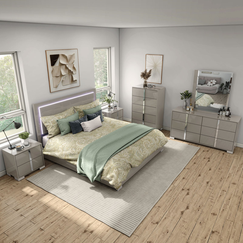 Duckworth Bedroom Set, Taupe Gray, 6 Pcs: Bed, 2 Nightstands, 2 Dressers, Mirror, King