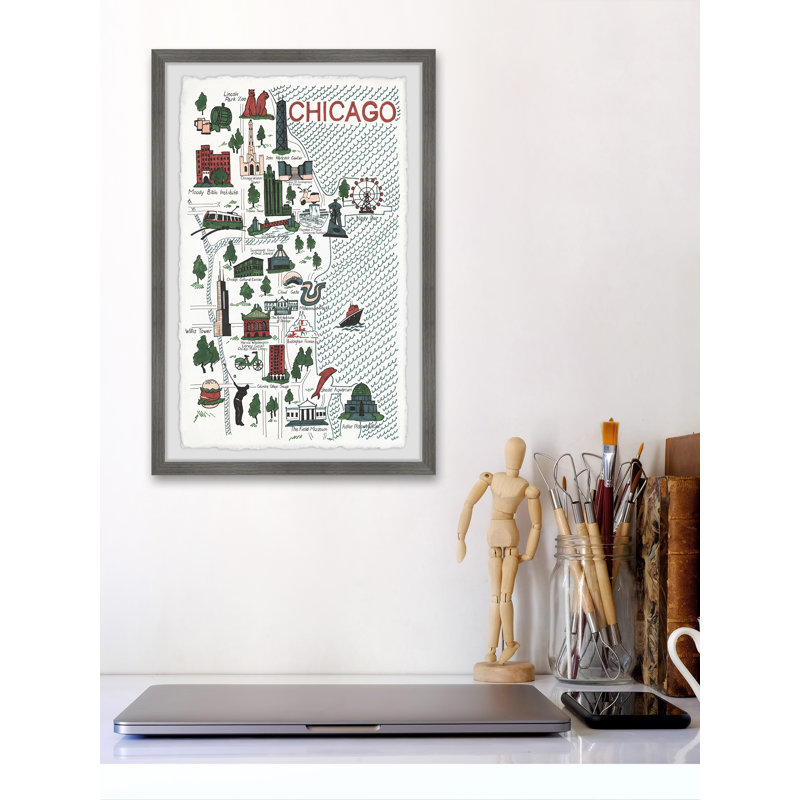 Guide to Modern Chicago Map - Cadre photo, reproduction d'art sur papier, H 36 po x l 24 po x 1,5 po