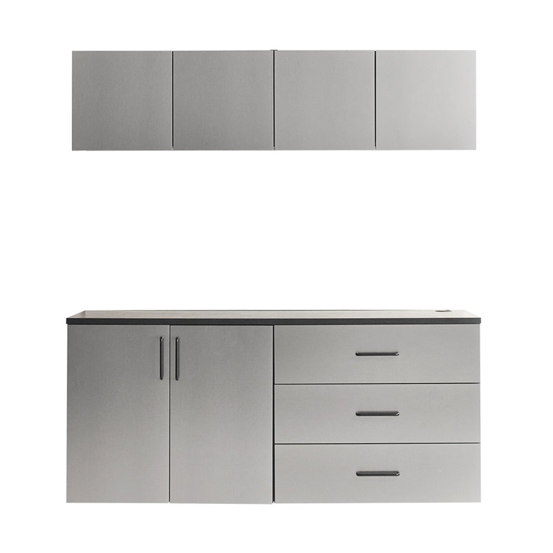 5 armoires de garage C de la série 64 po X P 79 po x P 20 po avec une finition gris métallique unique, une fonction pour les tiroirs et les portes, une résistance à la chaleur de l'eau, une bande 2X plus épaisse, une planche de classe E0, une tablette