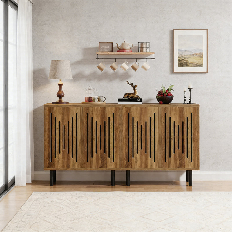 Sideboard Buffet Cabinet Set Of 2, Storage Cabinet With Adjustable Shelves & Doors, Brown