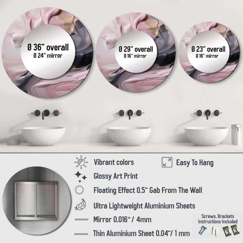 Pickar Solid Marble Paint Artwork V - Marble Mirror, Pink Round Decorative Wall Mirror, Printed Metal Art, 29" x 29"