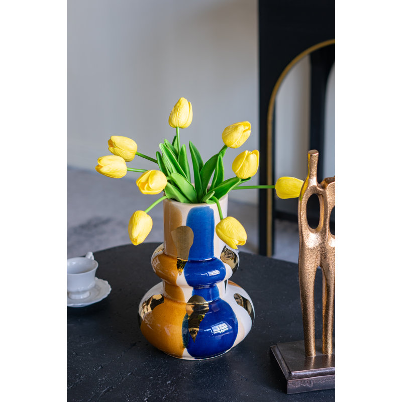 Bulbous Ceramic Vase with Abstract Multicoloured Finish