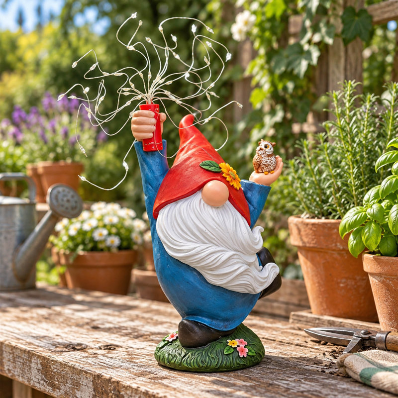 Solar Garden Gnome Statue with Owl and Firework LED Lights