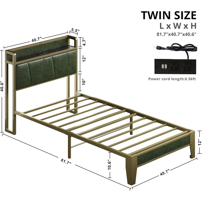 Green Twin Size Bed With Charging Station