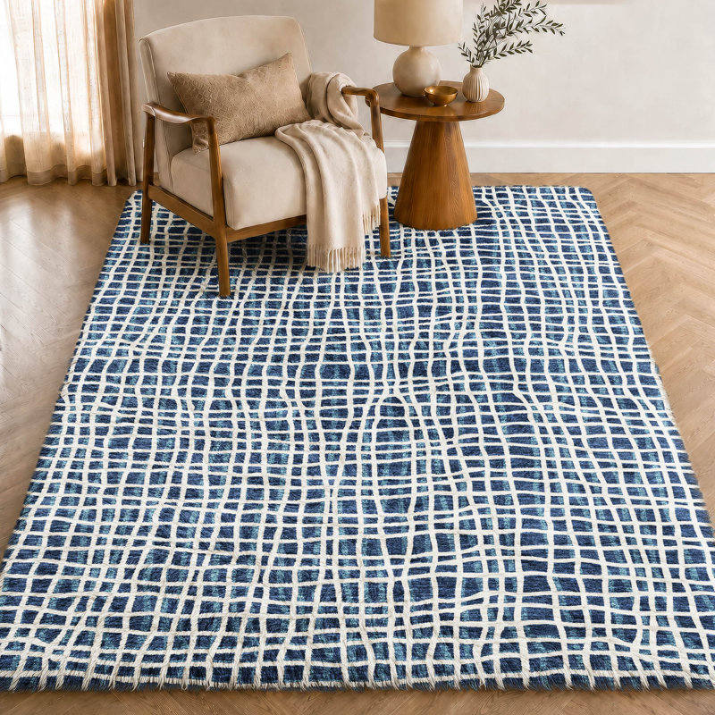 Tapis à rayures Dream Shag ADS729 lavable à la machine de qualité supérieure, Navy, 3' x 5'