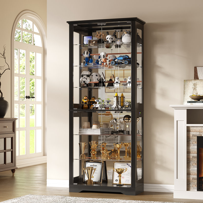 Vitrine à 7 niveaux avec tablettes réglables, lumières RVB, capteur de mouvement et panneau arrière de miroir, Noir