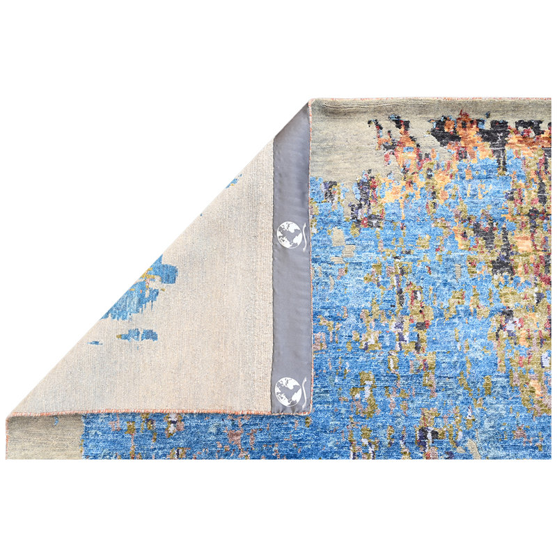 Tapis bleu et beige noué à la main de haute qualité, Rectangle 9 pi x 12 pi
