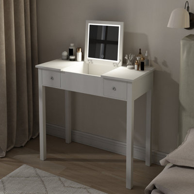 Sleek Vanity Table with LED Lights, Flip-Top Mirror and 2 Drawers, Jewelry Storage for Women Dressing