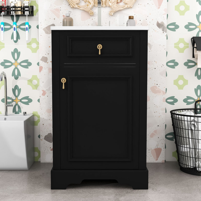 Meuble-lavabo de salle de bain avec lavabo en céramique, porte à fermeture douce, tablette réglable et support de rangement