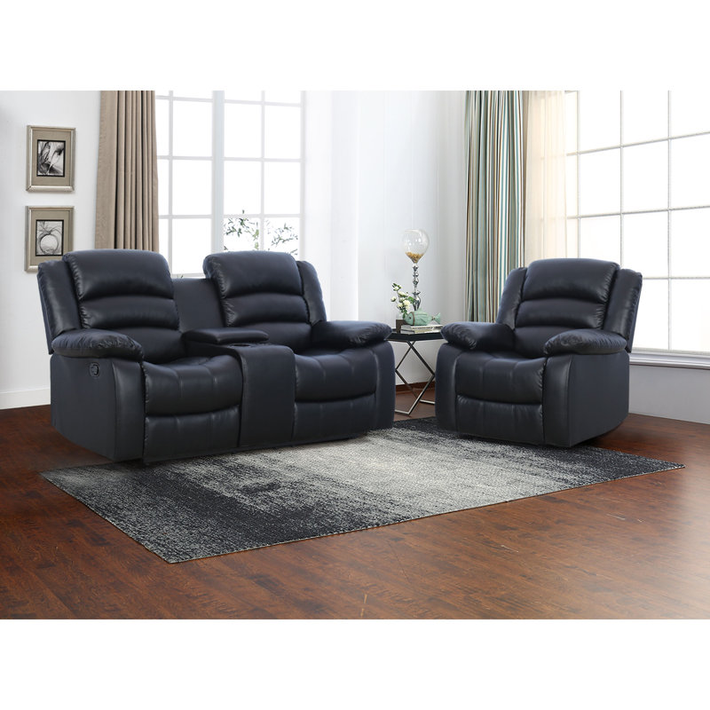 2- Piece Modern Soft Faux Leather Manual Reclining Living Room Set, Black