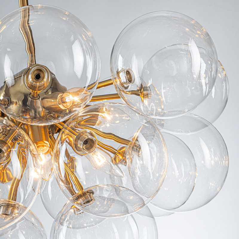 Lustre linéaire moderne à 12 lumières avec globes en verre transparent, Doré