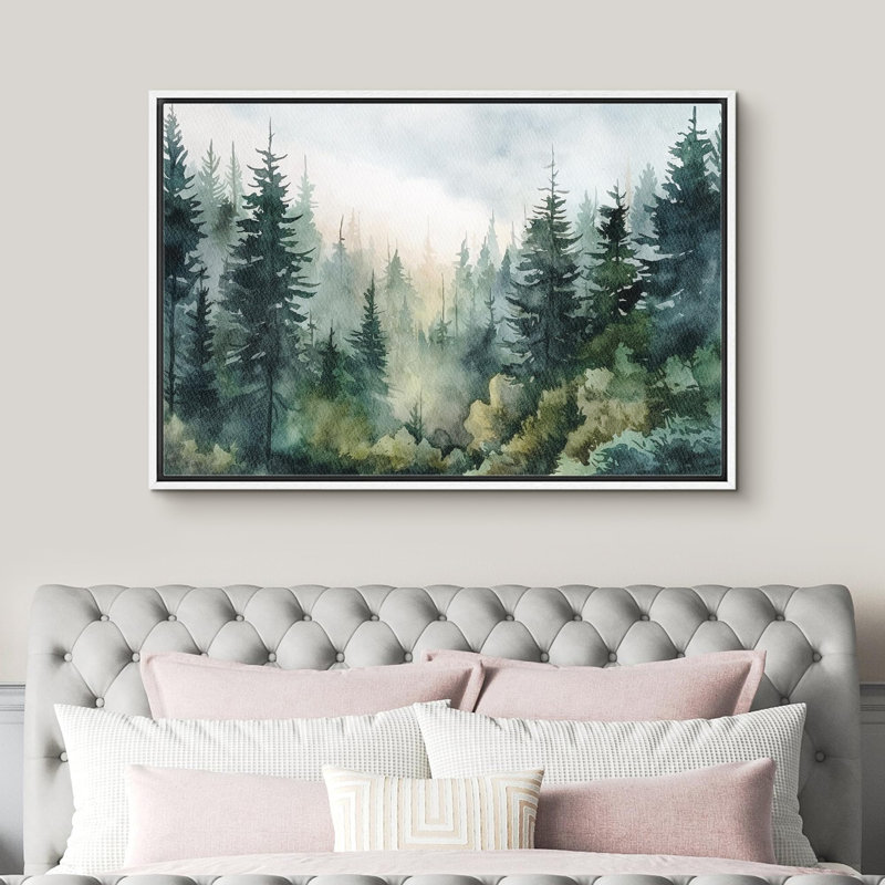 Paysage de forêt Woodland «Green Pine Tree Forest» sur, H 24 po x l 36 po, Cadre flottant blanc