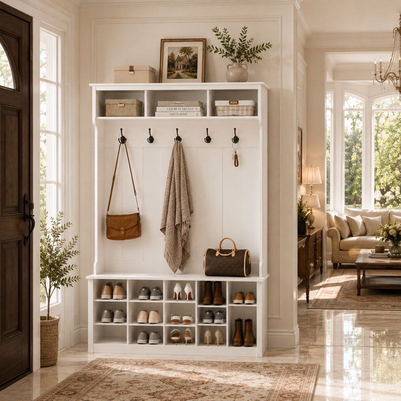 Banc de rangement pour arbre d'entrée et chaussures de 53 po de largeur avec tablettes, casiers et crochets pour vestibule, vestibule ou vestibule