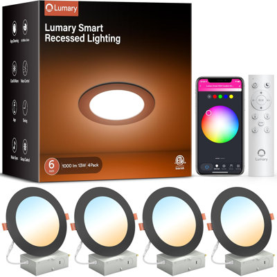 Éclairage encastré intelligent 6 po Lumary, éclairage à DEL à changement de couleur, lumières de soffite Wi-Fi Bluetooth avec J-Box, compatible avec la télécommande Alexa / Google Assistan / BT, homologué ETL (paquet de 4 noir)