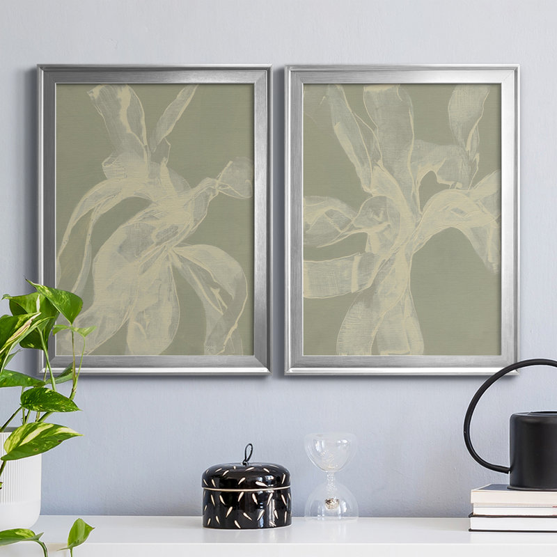 «White Ribbon on Celadon I», ensemble de 2 peintures sur toile encadrées, H 24,5 po x l 37 po x P 1 po, Cadre argenté