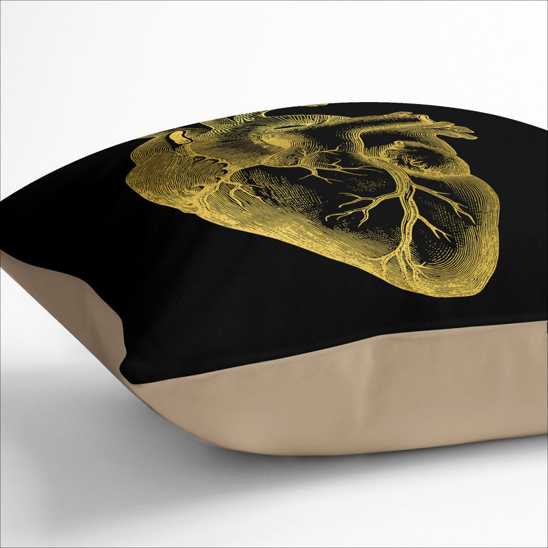 Black Gold Anatomical Heart Scatter Cushion, 40cm H x 40cm W x 15cm D, Stone