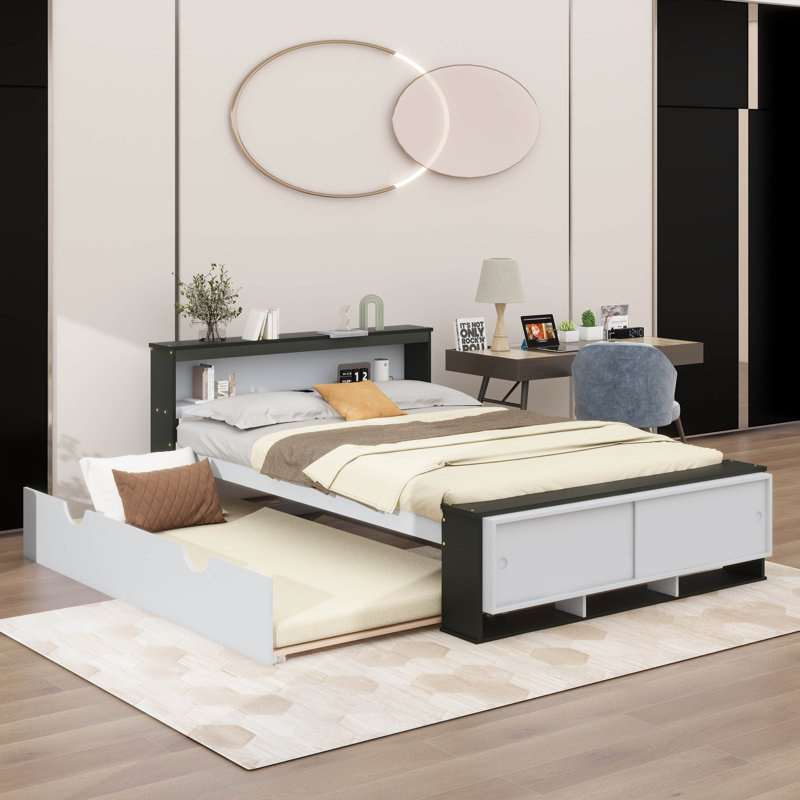 Lit plateforme double avec lit gigogne, Blanc / vert