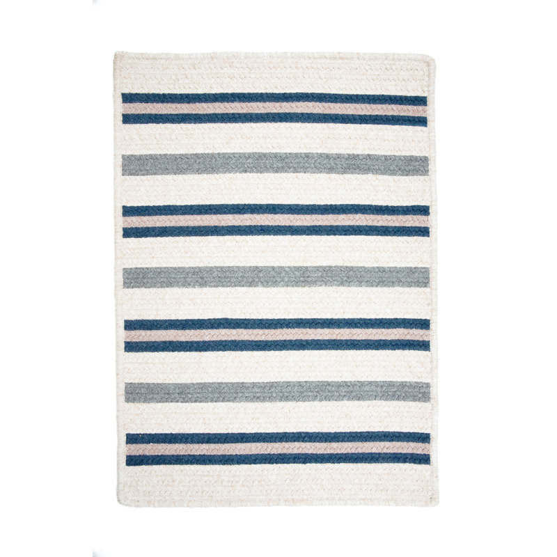 Tapis réversible en laine / polyester à rayures Chung - bleu / blanc / gris, Rectangulaire 2 pi x 3 pi