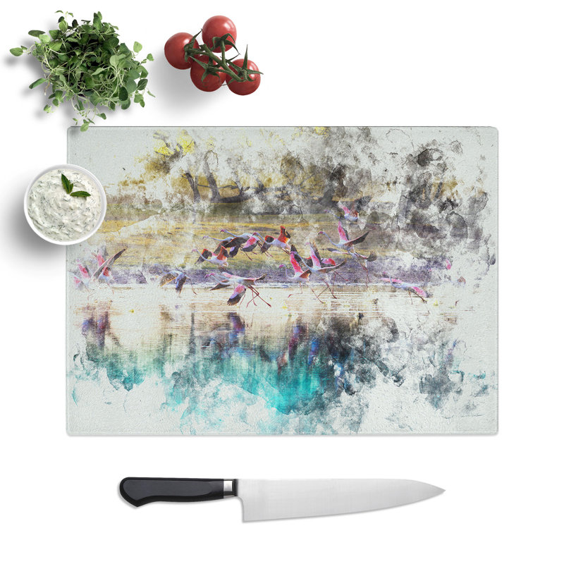 Tempered Glass Flamingos Taking Flight Chopping Board, 28.5 cm x 39 cm