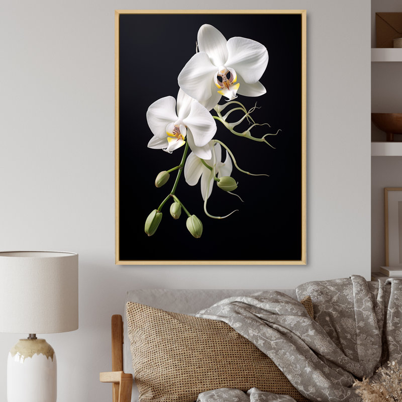 Orchidée délicate noire et blanche - décoration murale orchidée, H 32 po x l 24 po x P 1 po, Cadre flottant érable