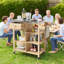 Sturdy Wood Outdoor Grill Cart with Stainless Steel Top, Storage Cabinet, Drawer, Open Shelves, and Lockable Wheels Portable Rolling Kitchen Island and Prep Table