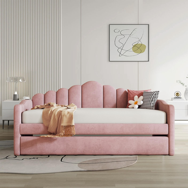 Twin Size Upholstered Daybed With Trundle, Pink