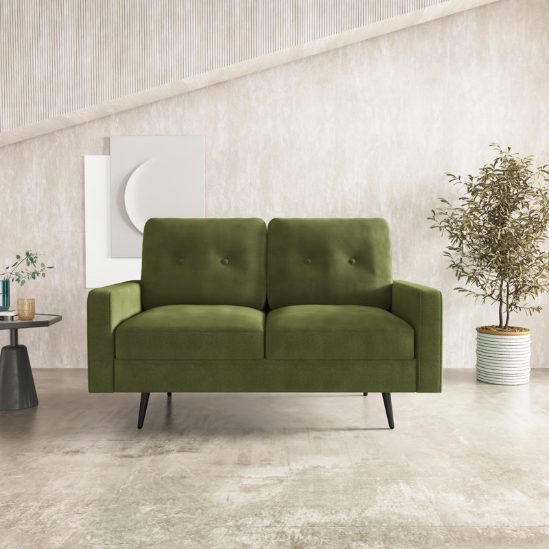 Agathi 58" Black Metal Feet Square Arm Silk Fabric Sofa Loveseat, Olive Green