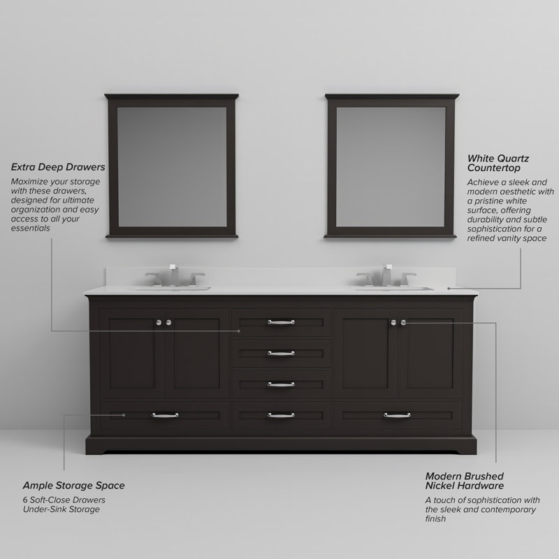 Dukes 80"  Double Vanity, Square Sinks And 30" Mirrors W/ Faucets, Espresso, White Quartz