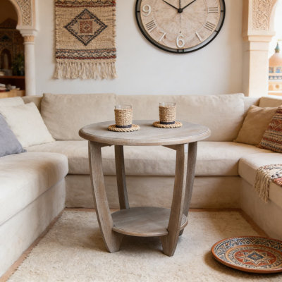 Farmhouse End Table With Storage Shelf, Round Accent Side Table For Small Spaces, Vintage Grey Finish, Rustic French Country Modern Design