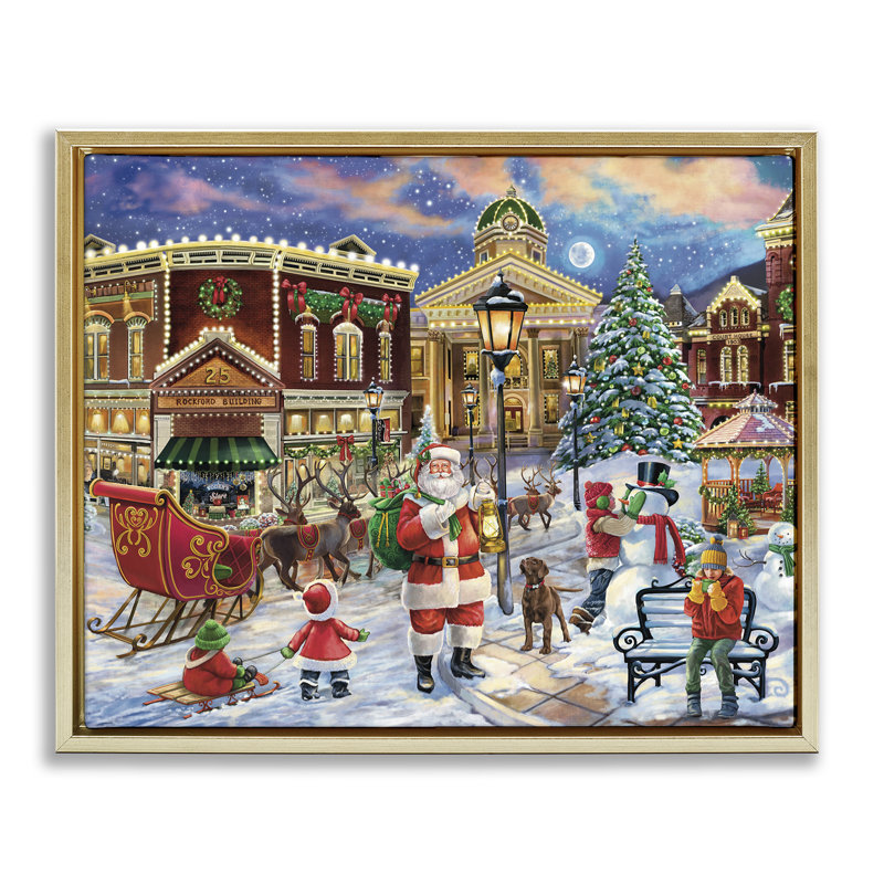 «Santa in Town Square», art mural encadré flottant par Grateful Licensing Studio, Cadre flottant métallique doré