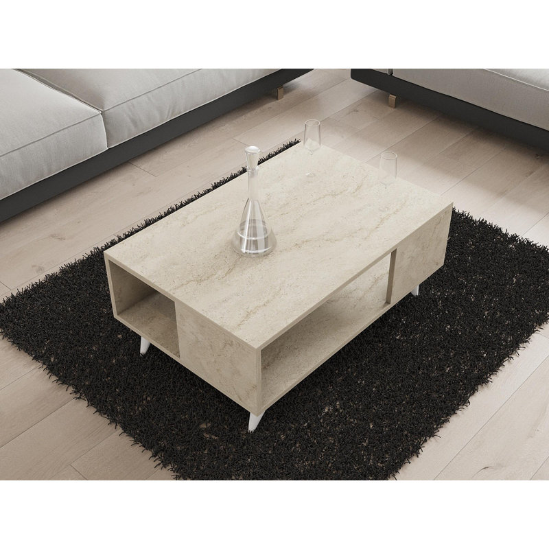 Modern 2-Tier Coffee Table, Travertine Color, 35.4 x 15.6 x 23.4 inches | 100% Melamine Coated Particle Board, Thickness: 0.7 inches | Additional Storage, Stylish Design Perfect for Living Room & Home Decor