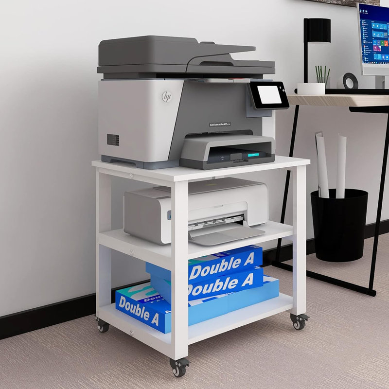 19.7 x 19.7 inches 3-Tier Laser Printer Stand with Storage Pinter desk Floor-Standing Rack on Wheels, White