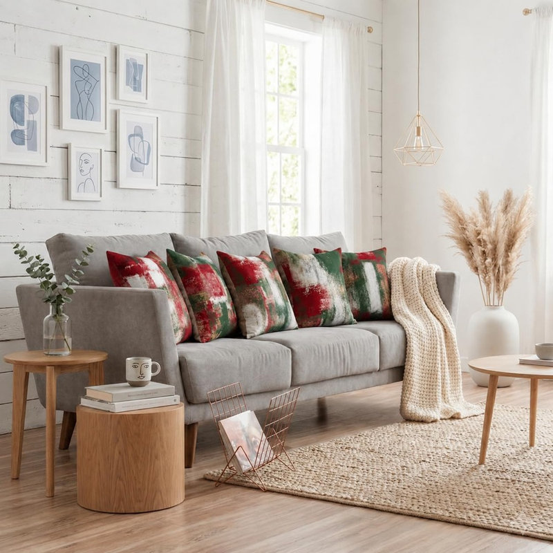 Housses de coussin décoratives de Noël abstraites, housses de coussin rouges et vertes pour les fêtes, décoration festive pour la maison